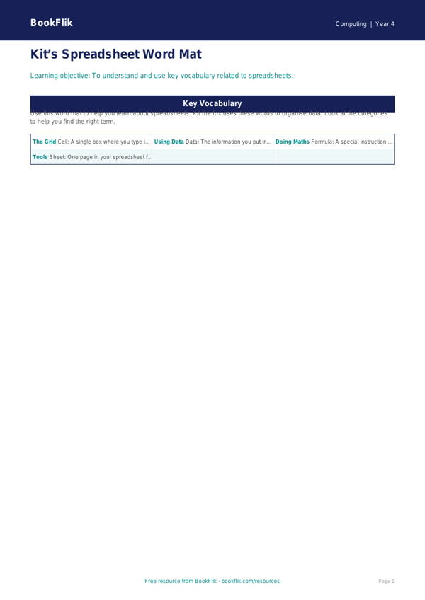 Free Spreadsheets Word Mat | Year 4 Supported | BookFlik worksheet preview — Computing Spreadsheets