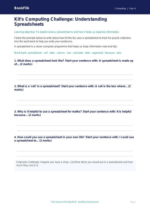 Free Spreadsheets Writing Frame | Year 4 Supported | BookFlik worksheet preview — Computing Spreadsheets