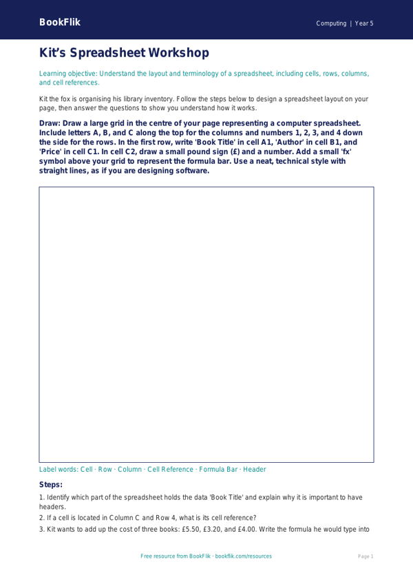 Free Spreadsheets Drawing Sheet | Year 5 Core | BookFlik worksheet preview — Computing Spreadsheets
