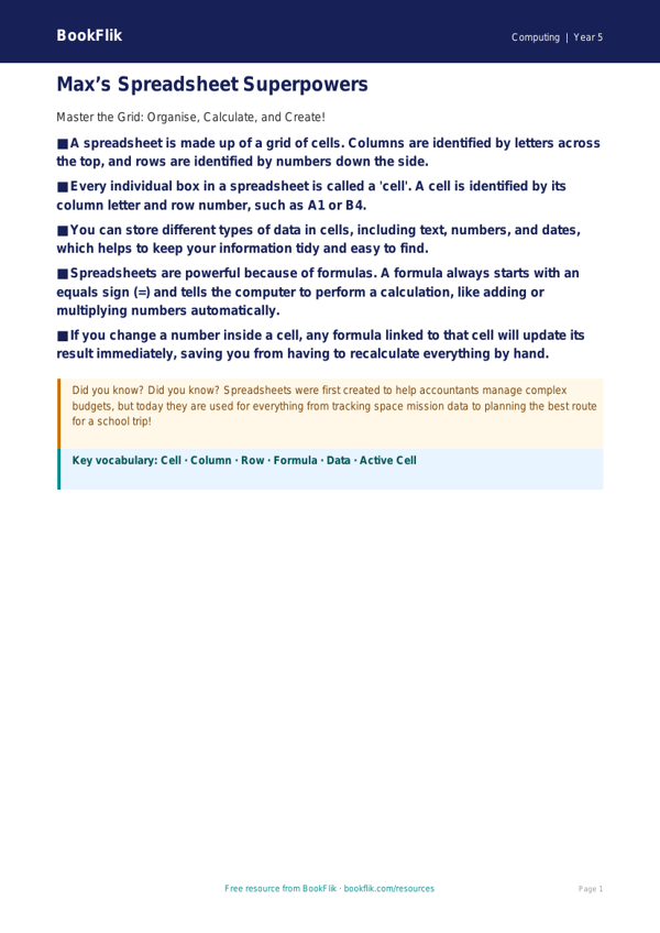 Free Spreadsheets Poster | Year 5 Core | BookFlik worksheet preview — Computing Spreadsheets