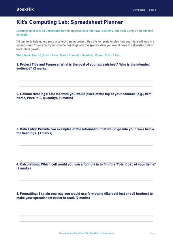 Free Spreadsheets Template | Year 5 Core | BookFlik worksheet preview — Computing Spreadsheets