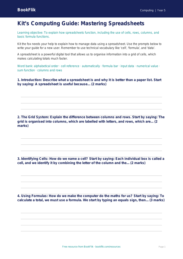Free Spreadsheets Writing Frame | Year 5 Core | BookFlik worksheet preview — Computing Spreadsheets