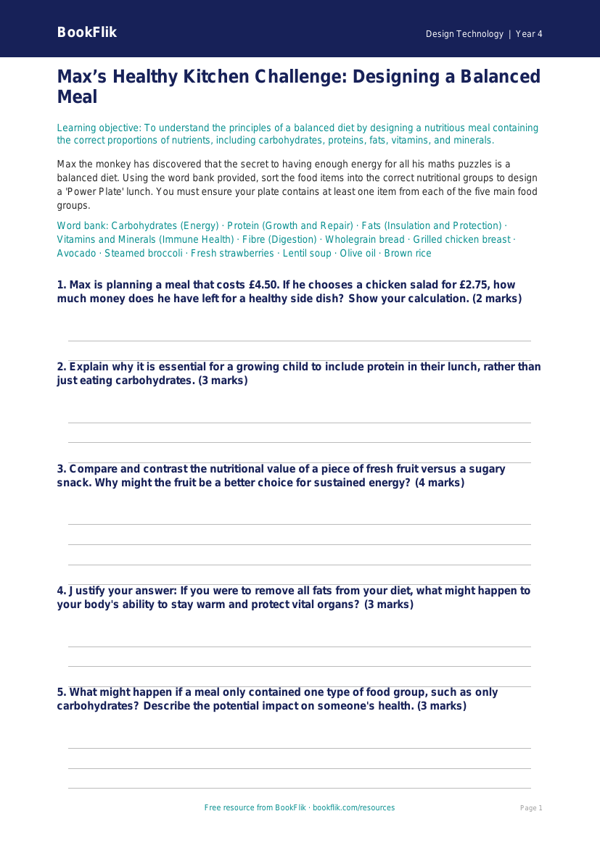 Free Cooking Nutrition Activity Sheet | Year 4 Greater Depth | BookFlik worksheet preview — Design-Technology Cooking Nutrition