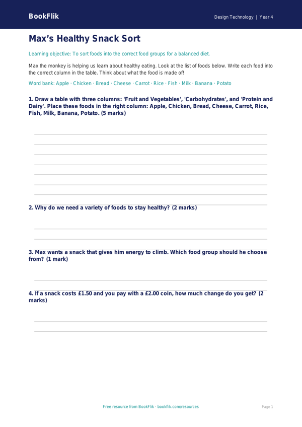 Free Cooking Nutrition Activity Sheet | Year 4 Supported | BookFlik worksheet preview — Design-Technology Cooking Nutrition
