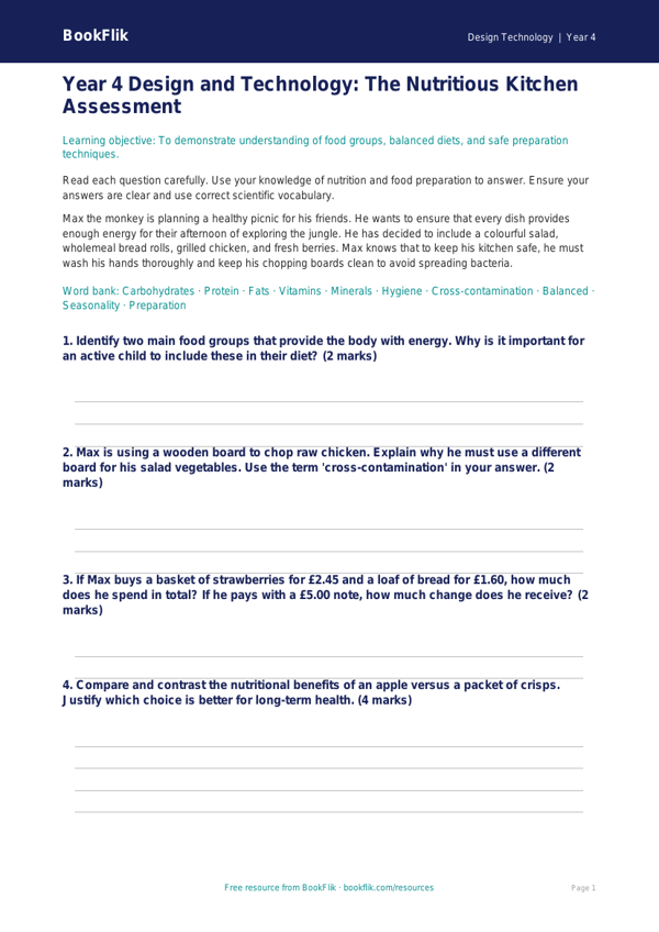 Free Cooking Nutrition Assessment | Year 4 Greater Depth | BookFlik worksheet preview — Design-Technology Cooking Nutrition