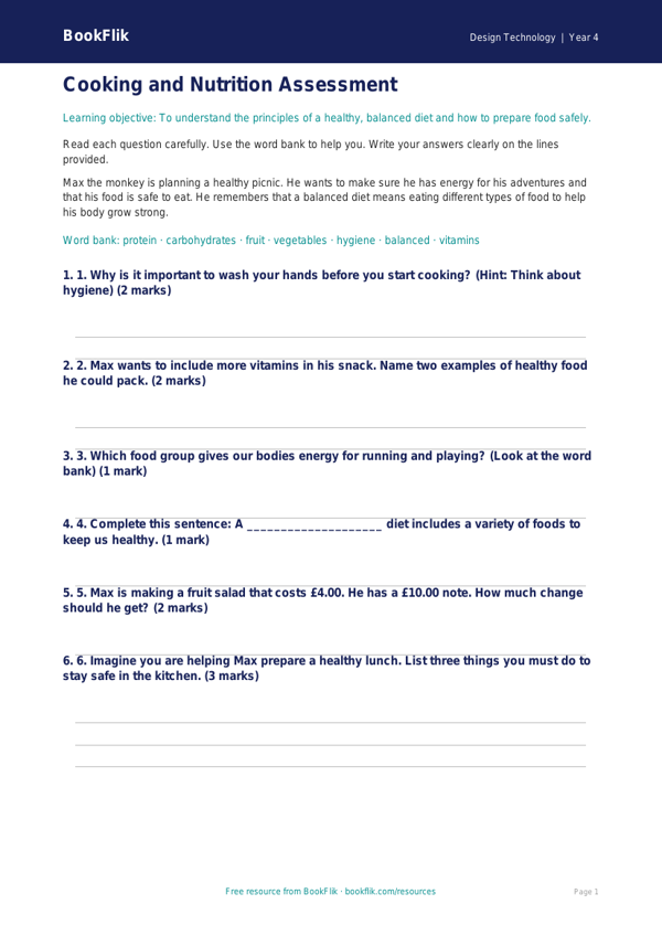 Free Cooking Nutrition Assessment | Year 4 Supported | BookFlik worksheet preview — Design-Technology Cooking Nutrition