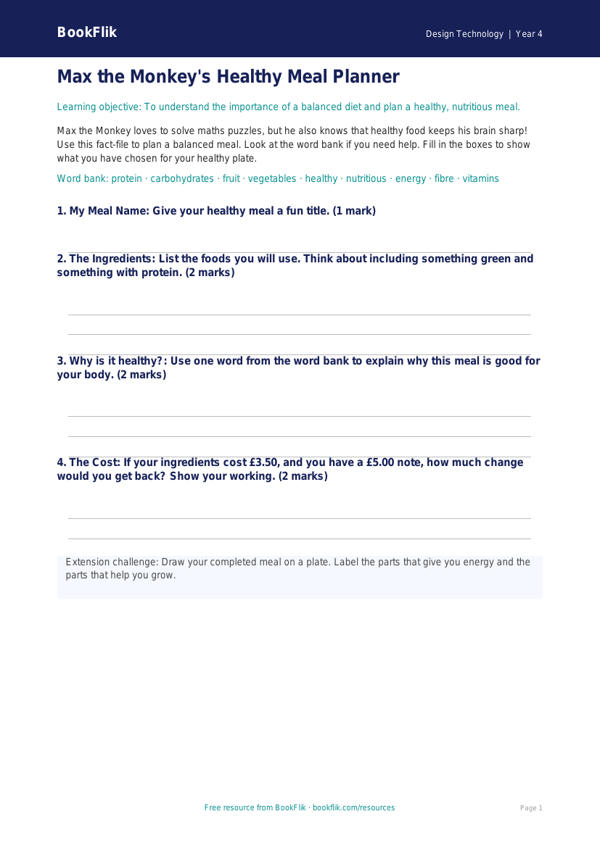 Free Cooking Nutrition Template | Year 4 Supported | BookFlik worksheet preview — Design-Technology Cooking Nutrition