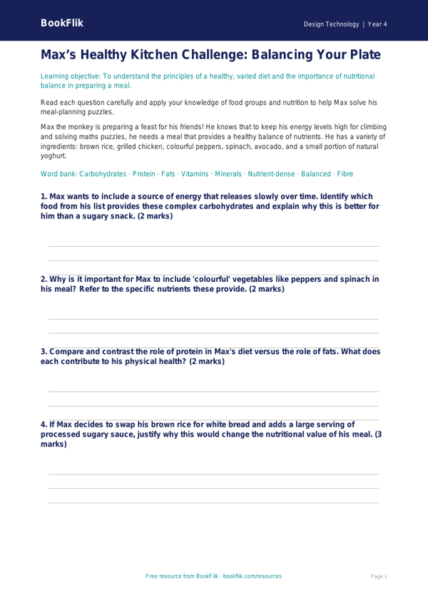 Free Cooking Nutrition Worksheet | Year 4 Greater Depth | BookFlik worksheet preview — Design-Technology Cooking Nutrition