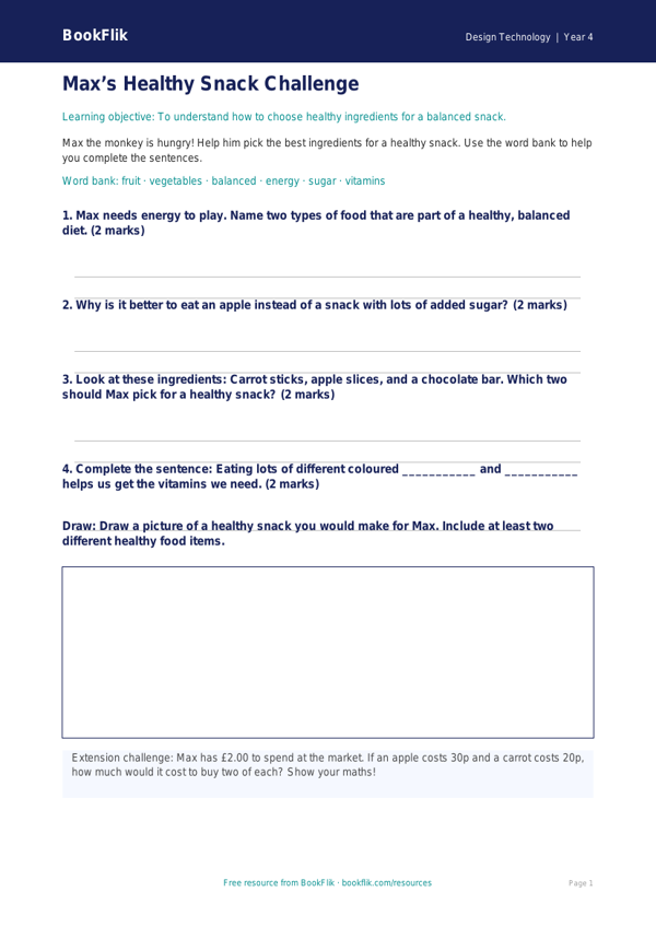 Free Cooking Nutrition Worksheet | Year 4 Supported | BookFlik worksheet preview — Design-Technology Cooking Nutrition