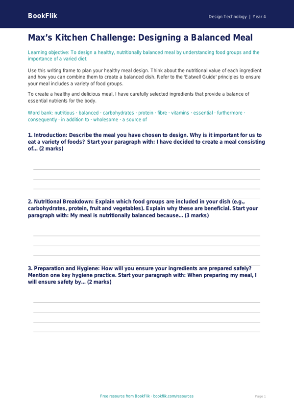 Free Cooking Nutrition Writing Frame | Year 4 Greater Depth | BookFlik worksheet preview — Design-Technology Cooking Nutrition