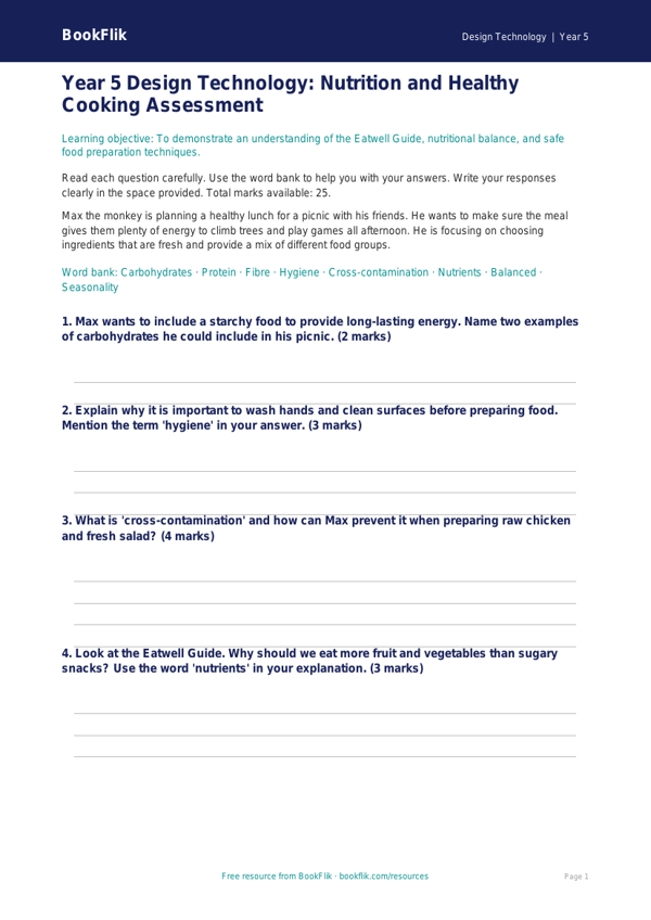 Free Cooking Nutrition Assessment | Year 5 Core | BookFlik worksheet preview — Design-Technology Cooking Nutrition