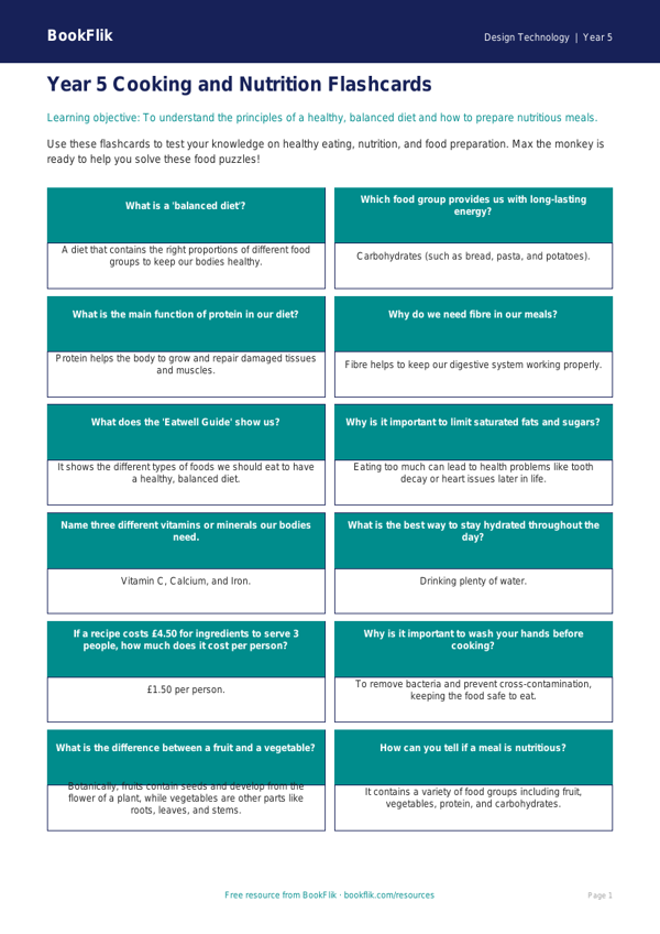 Free Cooking Nutrition Flashcards | Year 5 Core | BookFlik worksheet preview — Design-Technology Cooking Nutrition