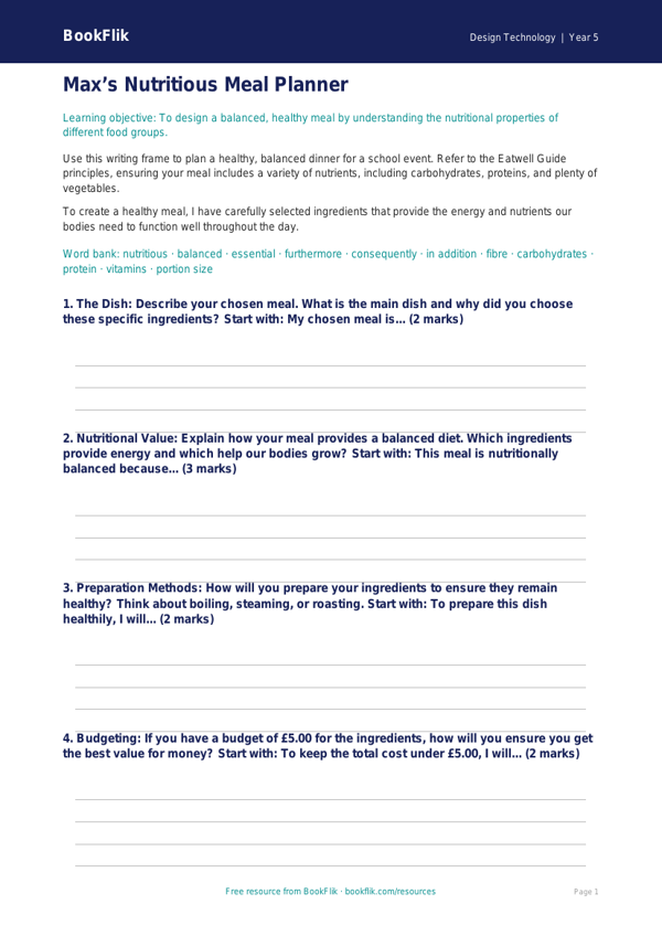 Free Cooking Nutrition Writing Frame | Year 5 Core | BookFlik worksheet preview — Design-Technology Cooking Nutrition