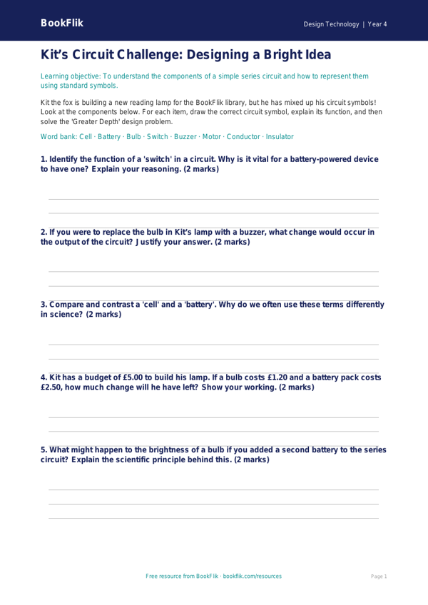Free Electronics Activity Sheet | Year 4 Greater Depth | BookFlik worksheet preview — Design-Technology Electronics