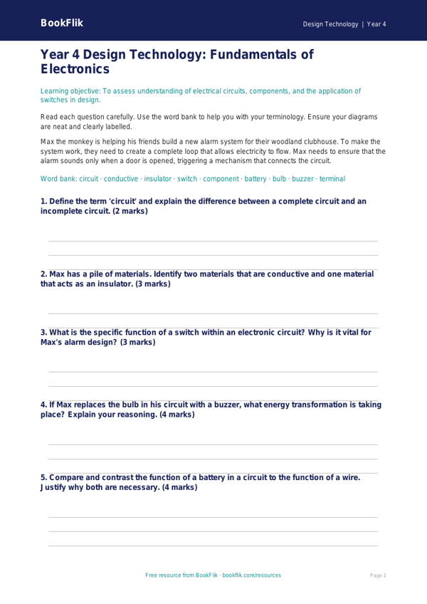 Free Electronics Assessment | Year 4 Greater Depth | BookFlik worksheet preview — Design-Technology Electronics