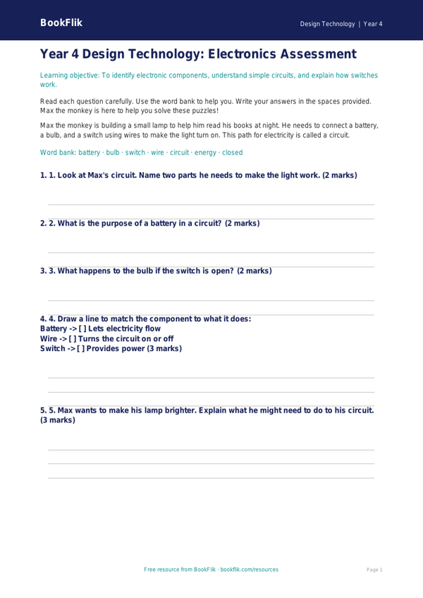 Free Electronics Assessment | Year 4 Supported | BookFlik worksheet preview — Design-Technology Electronics