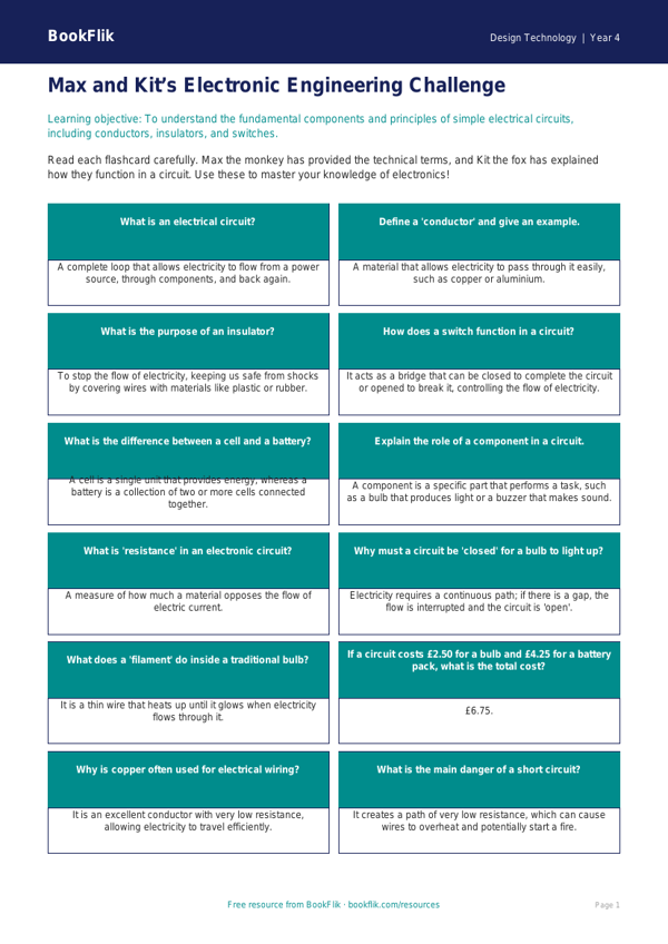 Free Electronics Flashcards | Year 4 Greater Depth | BookFlik worksheet preview — Design-Technology Electronics