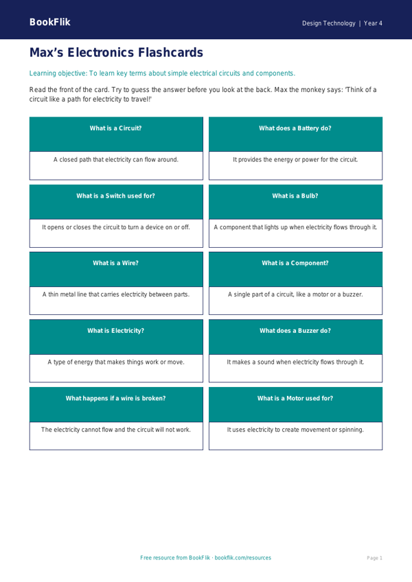 Free Electronics Flashcards | Year 4 Supported | BookFlik worksheet preview — Design-Technology Electronics