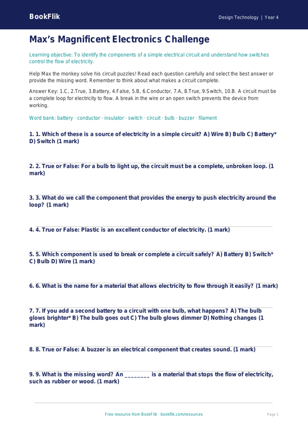 Free Electronics Quiz | Year 4 Greater Depth | BookFlik worksheet preview — Design-Technology Electronics