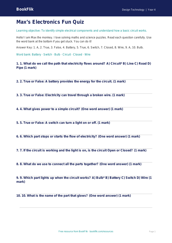 Free Electronics Quiz | Year 4 Supported | BookFlik worksheet preview — Design-Technology Electronics