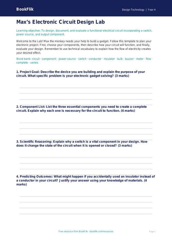 Free Electronics Template | Year 4 Greater Depth | BookFlik worksheet preview — Design-Technology Electronics