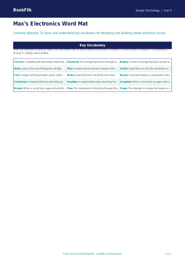 Free Electronics Word Mat | Year 4 Supported | BookFlik worksheet preview — Design-Technology Electronics