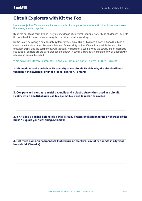 Free Electronics Worksheet | Year 4 Greater Depth | BookFlik worksheet preview — Design-Technology Electronics