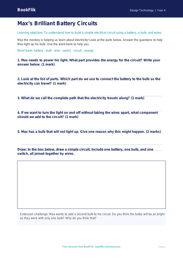 Free Electronics Worksheet | Year 4 Supported | BookFlik worksheet preview — Design-Technology Electronics