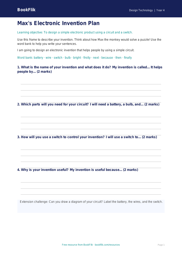 Free Electronics Writing Frame | Year 4 Supported | BookFlik worksheet preview — Design-Technology Electronics