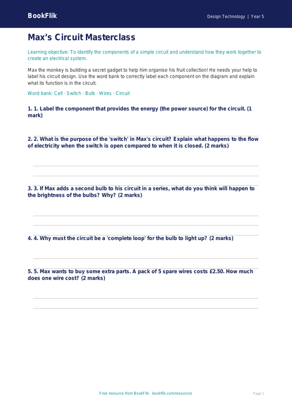 Free Electronics Activity Sheet | Year 5 Core | BookFlik worksheet preview — Design-Technology Electronics