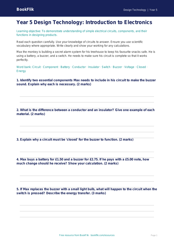 Free Electronics Assessment | Year 5 Core | BookFlik worksheet preview — Design-Technology Electronics