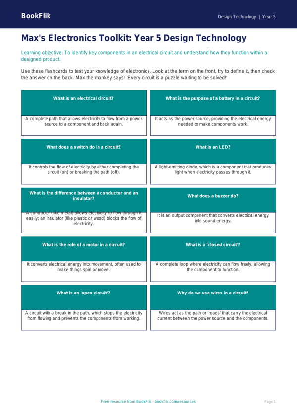 Free Electronics Flashcards | Year 5 Core | BookFlik worksheet preview — Design-Technology Electronics
