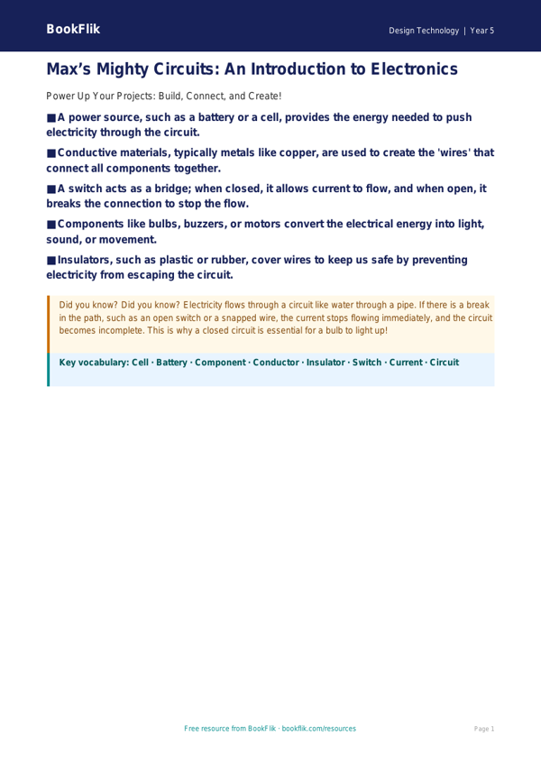 Free Electronics Poster | Year 5 Core | BookFlik worksheet preview — Design-Technology Electronics
