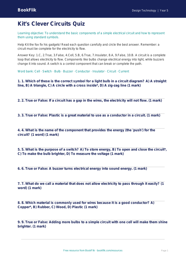 Free Electronics Quiz | Year 5 Core | BookFlik worksheet preview — Design-Technology Electronics