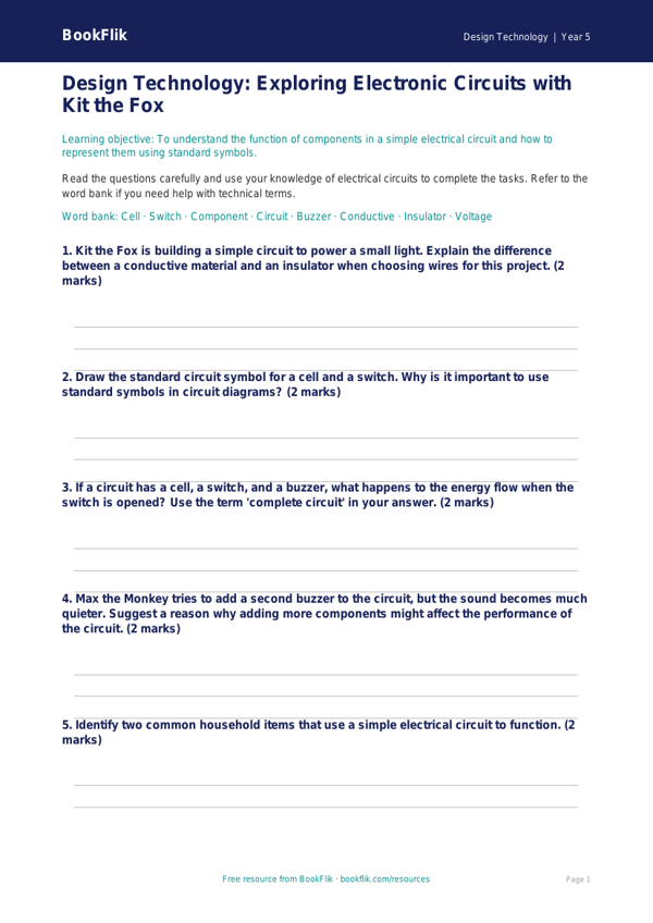 Free Electronics Worksheet | Year 5 Core | BookFlik worksheet preview — Design-Technology Electronics