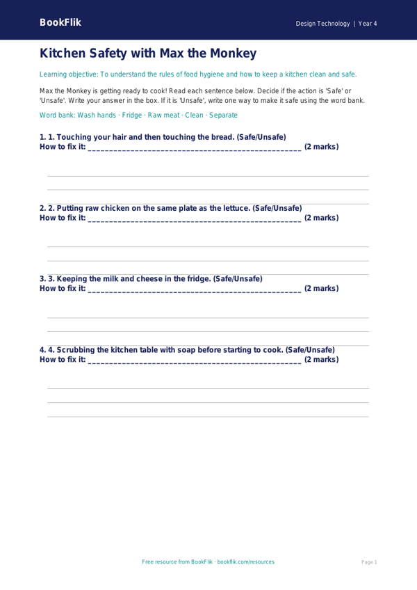 Free Food Hygiene Activity Sheet | Year 4 Supported | BookFlik worksheet preview — Design-Technology Food Hygiene
