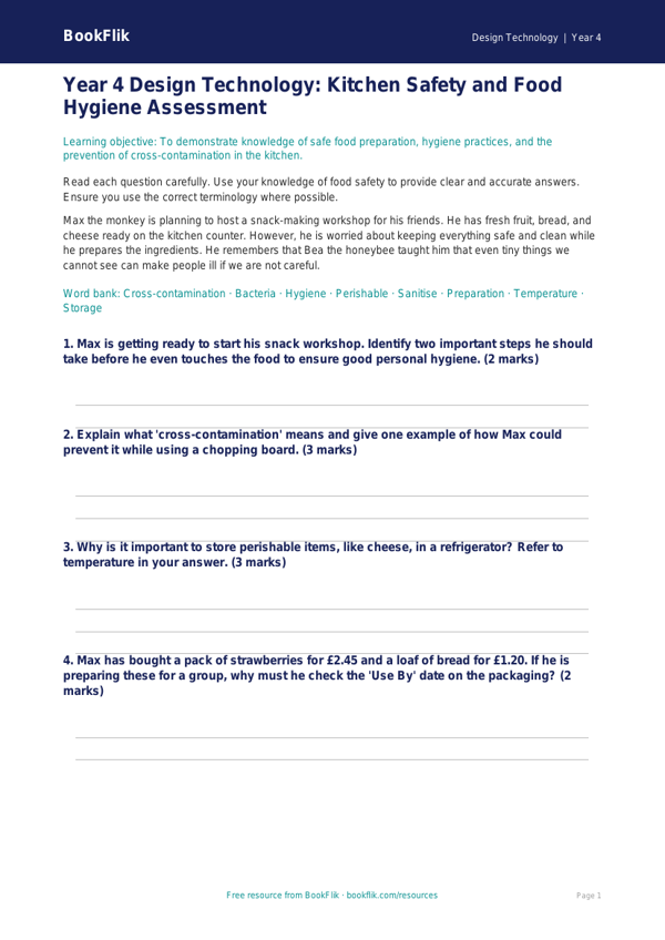 Free Food Hygiene Assessment | Year 4 Greater Depth | BookFlik worksheet preview — Design-Technology Food Hygiene