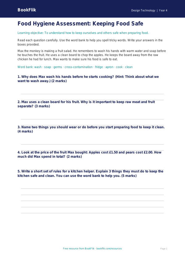 Free Food Hygiene Assessment | Year 4 Supported | BookFlik worksheet preview — Design-Technology Food Hygiene