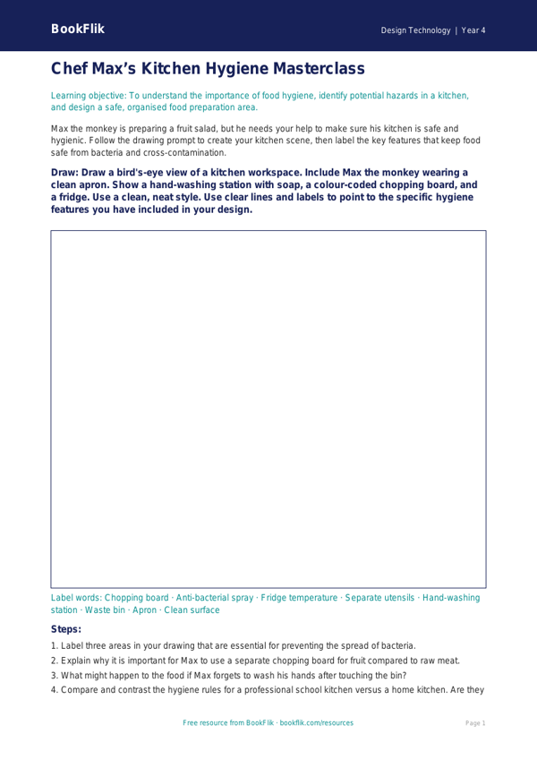 Free Food Hygiene Drawing Sheet | Year 4 Greater Depth | BookFlik worksheet preview — Design-Technology Food Hygiene