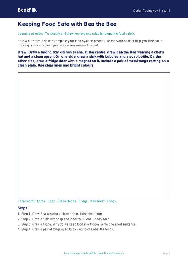 Free Food Hygiene Drawing Sheet | Year 4 Supported | BookFlik worksheet preview — Design-Technology Food Hygiene