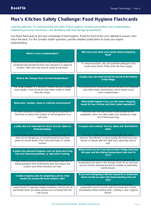 Free Food Hygiene Flashcards | Year 4 Greater Depth | BookFlik worksheet preview — Design-Technology Food Hygiene