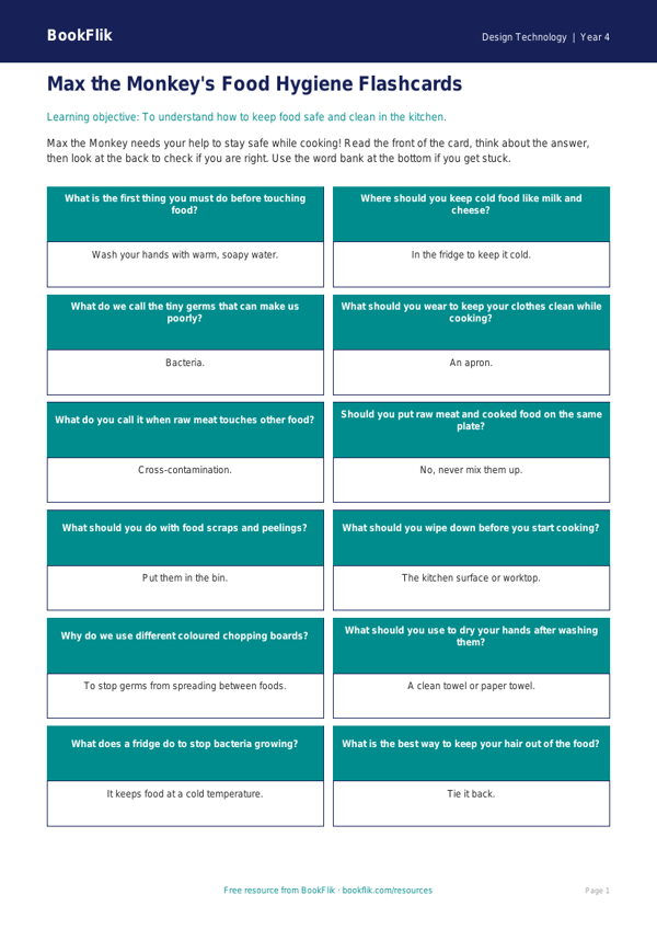 Free Food Hygiene Flashcards | Year 4 Supported | BookFlik worksheet preview — Design-Technology Food Hygiene