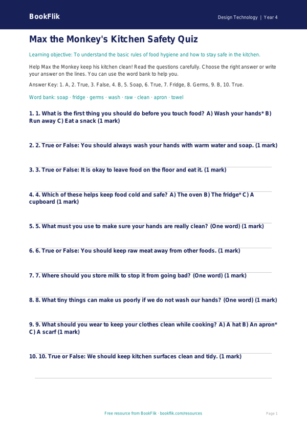 Free Food Hygiene Quiz | Year 4 Supported | BookFlik worksheet preview — Design-Technology Food Hygiene