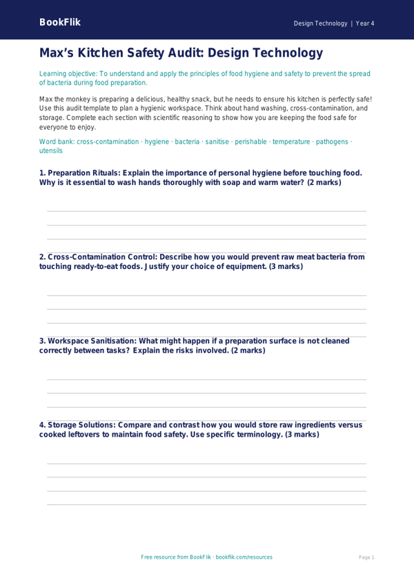 Free Food Hygiene Template | Year 4 Greater Depth | BookFlik worksheet preview — Design-Technology Food Hygiene