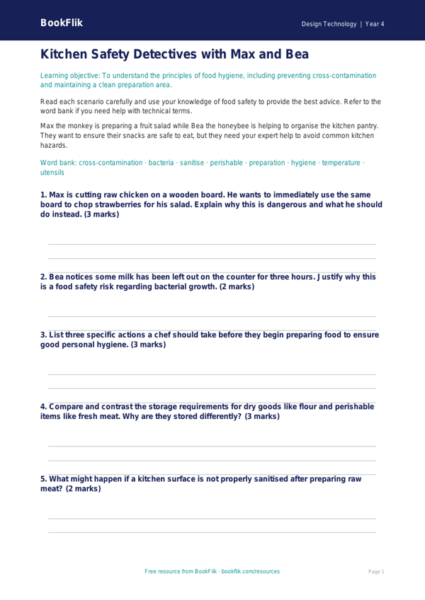 Free Food Hygiene Worksheet | Year 4 Greater Depth | BookFlik worksheet preview — Design-Technology Food Hygiene
