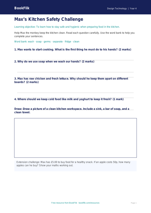 Free Food Hygiene Worksheet | Year 4 Supported | BookFlik worksheet preview — Design-Technology Food Hygiene