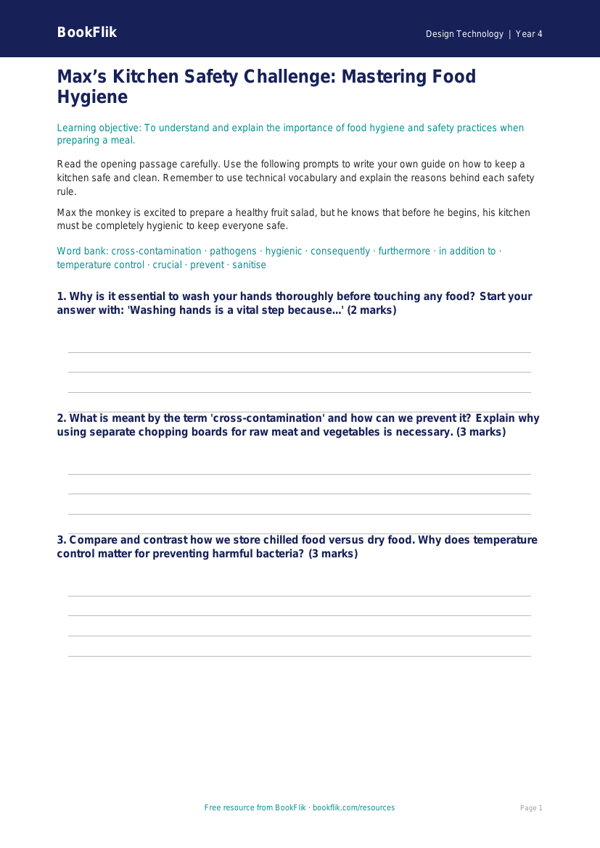 Free Food Hygiene Writing Frame | Year 4 Greater Depth | BookFlik worksheet preview — Design-Technology Food Hygiene