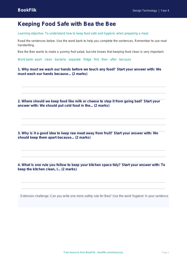 Free Food Hygiene Writing Frame | Year 4 Supported | BookFlik worksheet preview — Design-Technology Food Hygiene