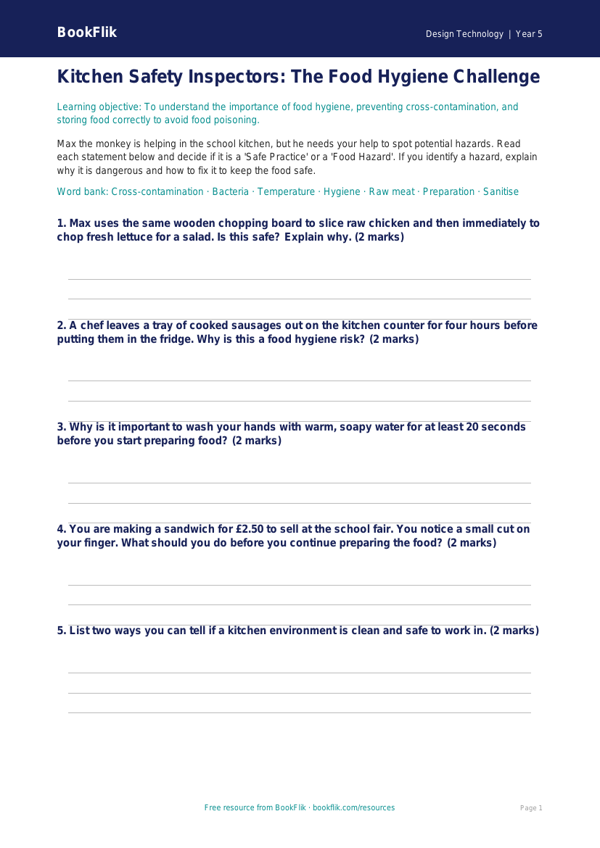 Free Food Hygiene Activity Sheet | Year 5 Core | BookFlik worksheet preview — Design-Technology Food Hygiene