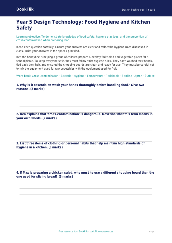 Free Food Hygiene Assessment | Year 5 Core | BookFlik worksheet preview — Design-Technology Food Hygiene